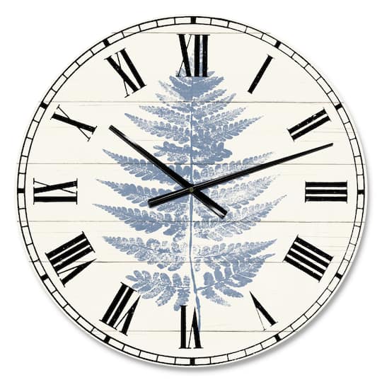 Designart 'Blue Fern Print On Wood I Traditional Wall Clock
